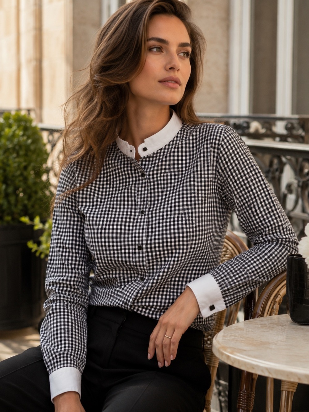 Black Pontei Luxury Gingham Shirt Italian Cerruti 1881 Fabric White Collar XL